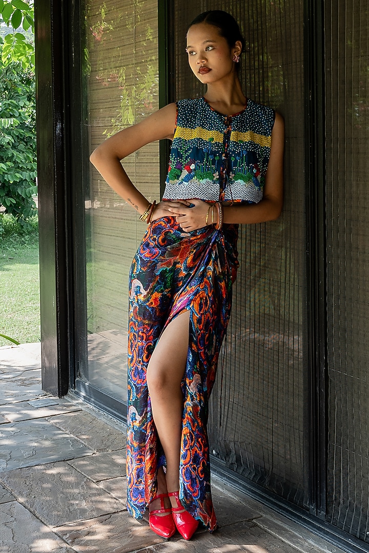 Multi-Colored Natural Crepe Printed Draped Skirt Set by AMKA at Pernia's Pop Up Shop