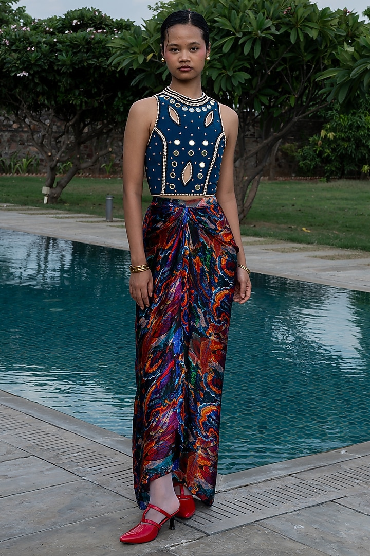 Teal Natural Crepe Mirror Embroidered Crop Top by AMKA at Pernia's Pop Up Shop