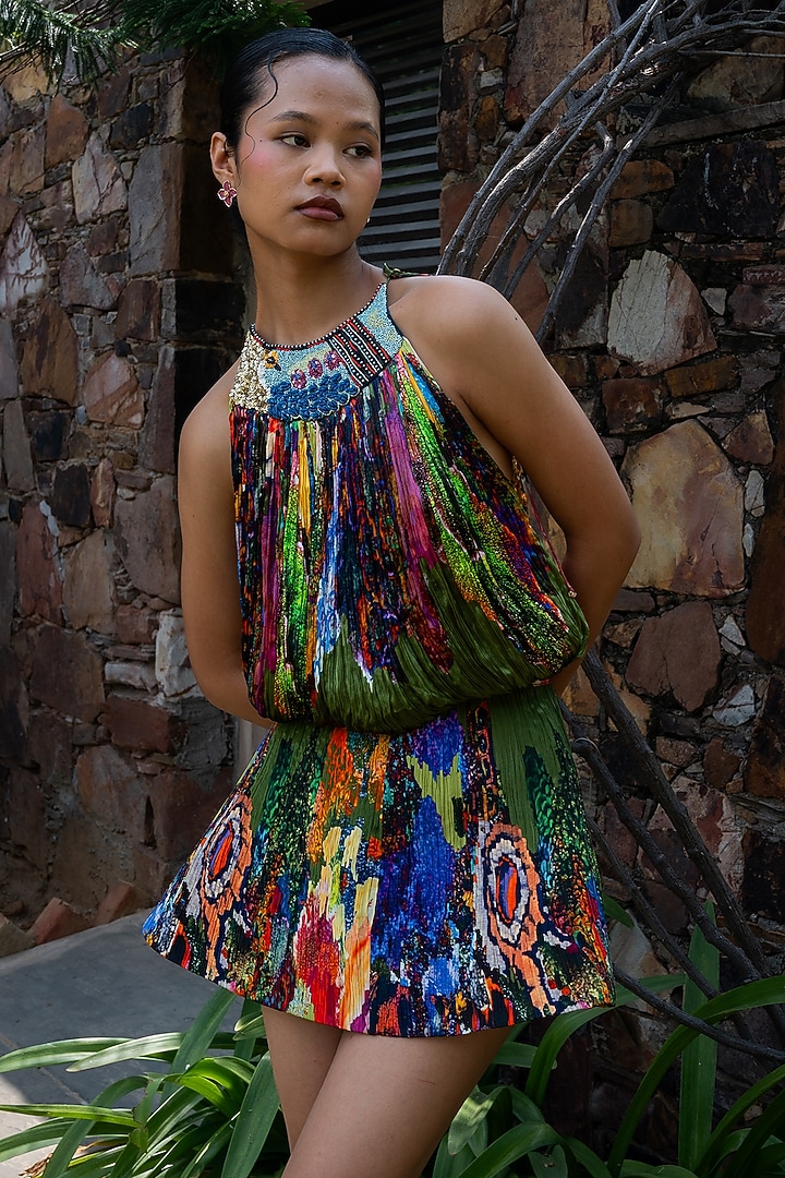 Multi-Colored Natural Crepe Printed Halter Mini Summer Dress by AMKA at Pernia's Pop Up Shop