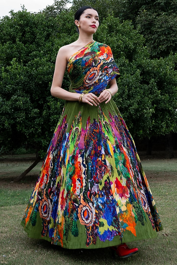 Multi-Colored Natural Crepe Abstract Printed One-Shoulder Top by AMKA at Pernia's Pop Up Shop