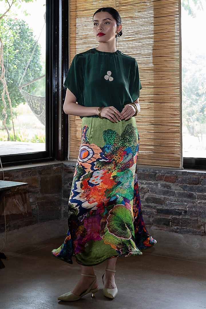 Olive Green Silk Chiffon Printed Skirt by AMKA at Pernia's Pop Up Shop
