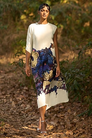 Cream & Blue Natural Crepe Printed Kaftan Dress by AMKA