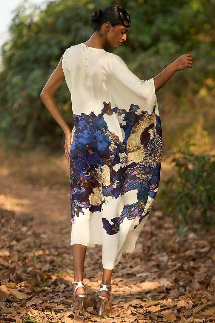 Cream & Blue Natural Crepe Printed Kaftan Summer Dress by AMKA at Pernia's Pop Up Shop