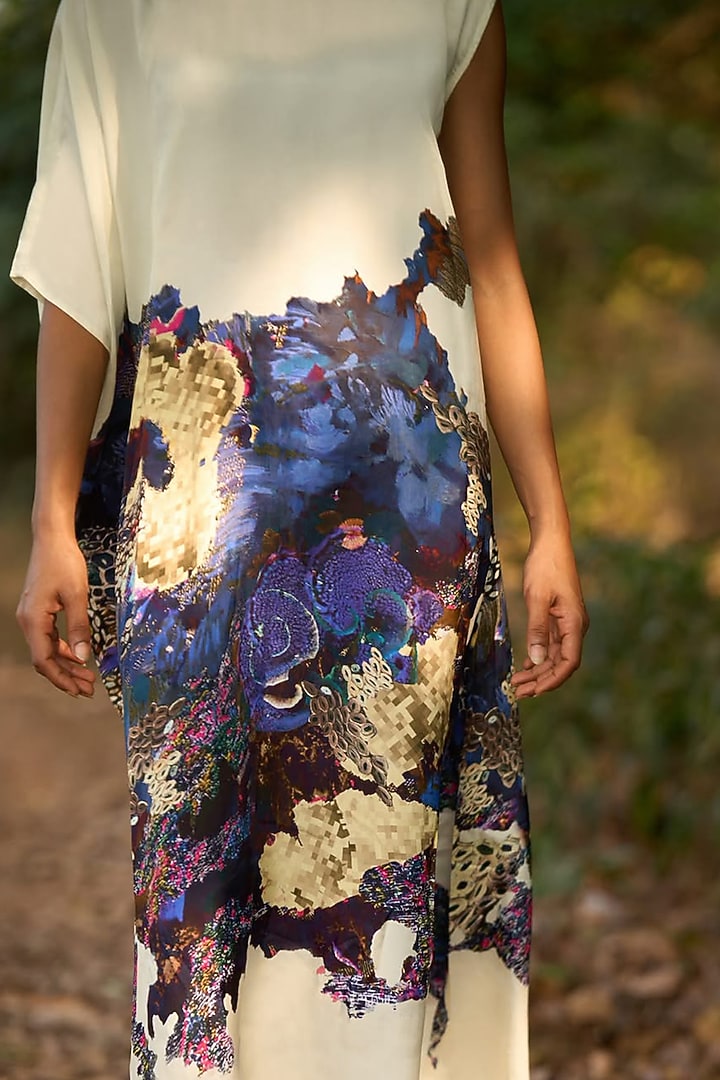 Cream & Blue Natural Crepe Printed Kaftan Summer Dress by AMKA at Pernia's Pop Up Shop