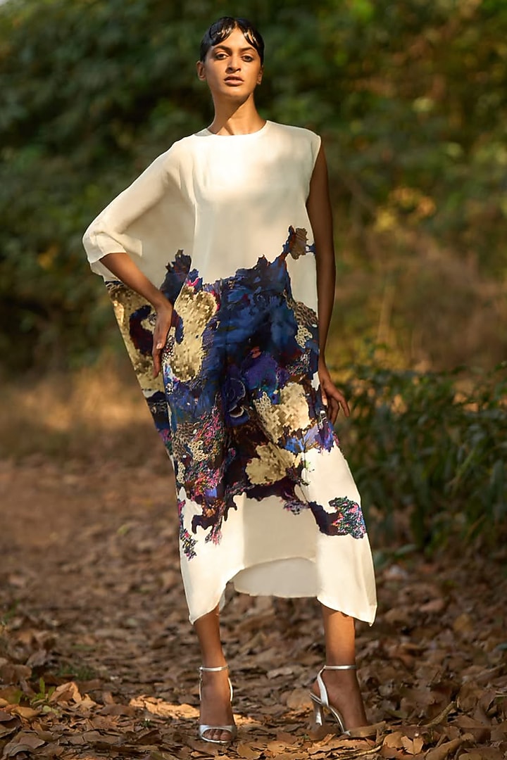 Cream & Blue Natural Crepe Printed Kaftan Summer Dress by AMKA at Pernia's Pop Up Shop