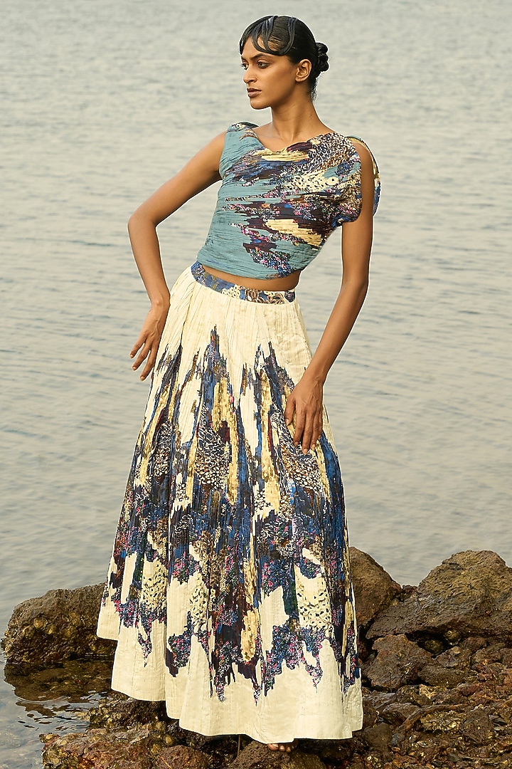 Powder Blue Natural Crepe Abstract Printed Structural Top by AMKA at Pernia's Pop Up Shop