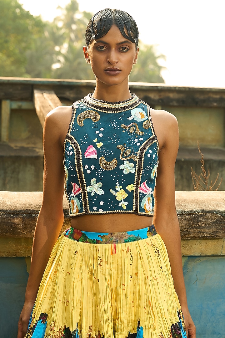 Powder Blue Natural Crepe Hand Embroidered Top by AMKA at Pernia's Pop Up Shop