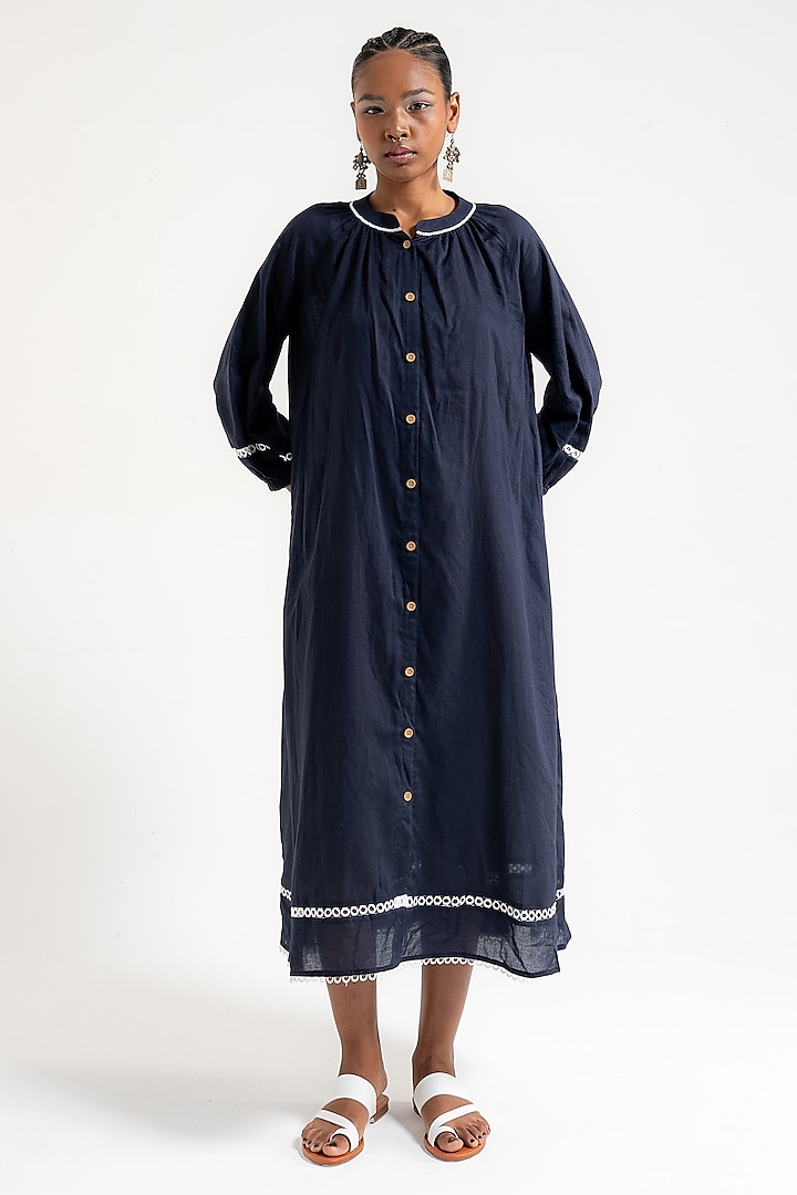 Prussian Blue Organic Cotton Midi Dress by AMKA INDIA at Pernia's Pop Up Shop