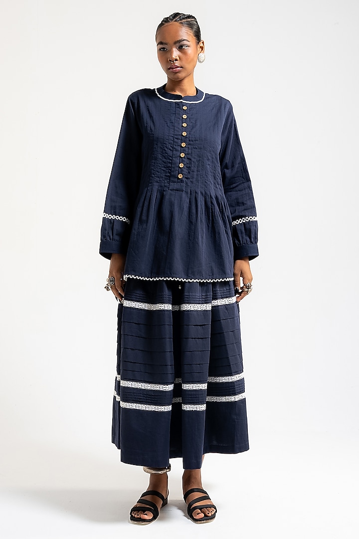 Prussian Blue Organic Cotton Pleated Skirt Set by AMKA INDIA at Pernia's Pop Up Shop