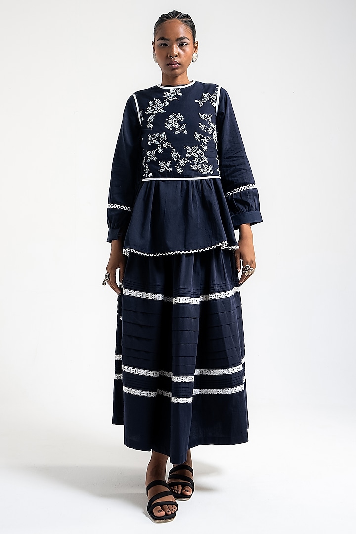 Prussian Blue Organic Cotton Skirt Set by AMKA INDIA at Pernia's Pop Up Shop