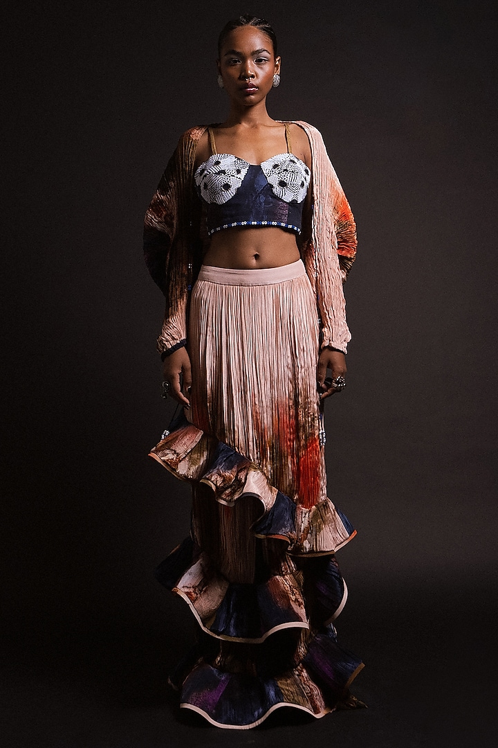 Peach & Prussian Blue Natural Silk Hand Pleated Skirt Set by AMKA INDIA at Pernia's Pop Up Shop