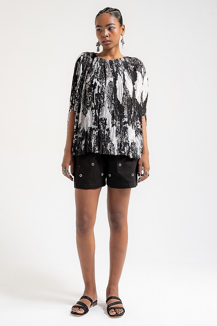 Black & White Natural Silk Hand Pleated Top by AMKA INDIA at Pernia's Pop Up Shop