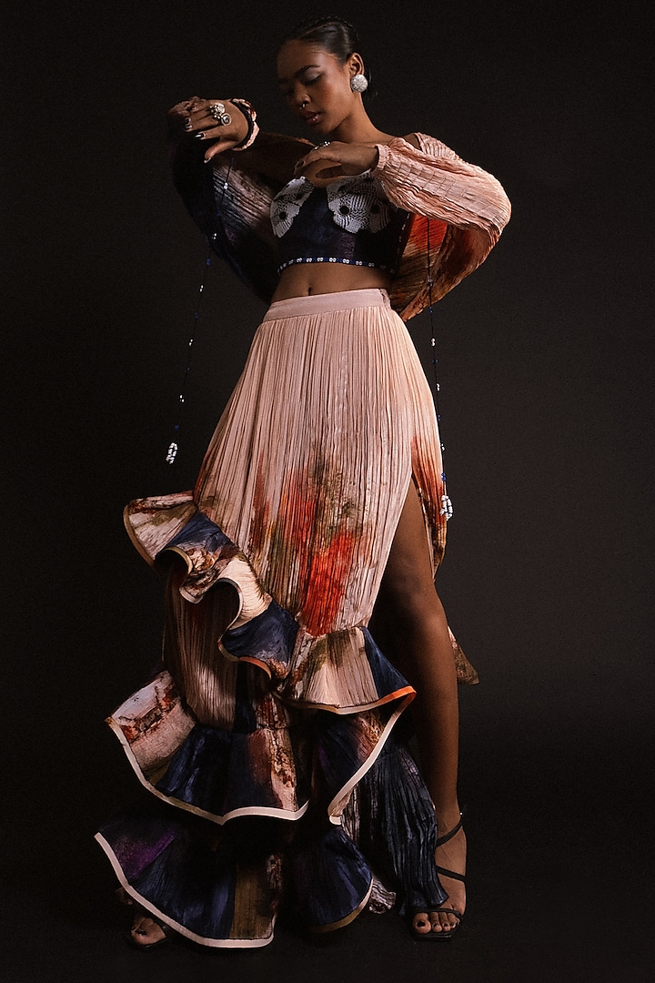 Peach & Prussian Blue Natural Silk Hand Pleated Skirt by AMKA INDIA at Pernia's Pop Up Shop