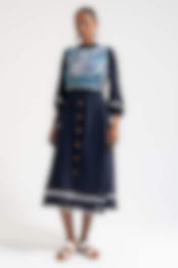 Prussian Blue Knit & Organic Cotton Midi Dress by AMKA INDIA at Pernia's Pop Up Shop