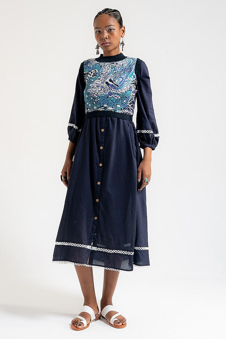 Prussian Blue Knit & Organic Cotton Midi Dress by AMKA INDIA at Pernia's Pop Up Shop