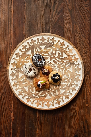 Natural Brown & White Wash Mango Wood Bird Hand Painted Lazy Susan Platter by Amoliconcepts