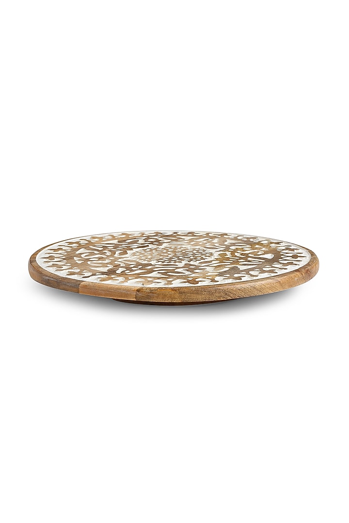 Natural Brown & White Wash Mango Wood Bird Hand Painted Lazy Susan Platter by Amoliconcepts at Pernia's Pop Up Shop