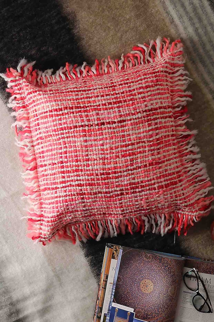 Fuchsia Handwoven Acrylic Wool Cushion Cover by Amoliconcepts