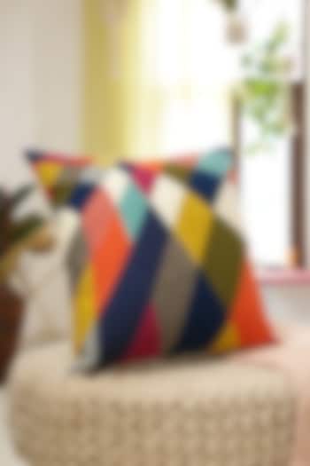 Multi-Coloured Cotton Embroidered & Color Blocked Cushion Cover by Amoliconcepts