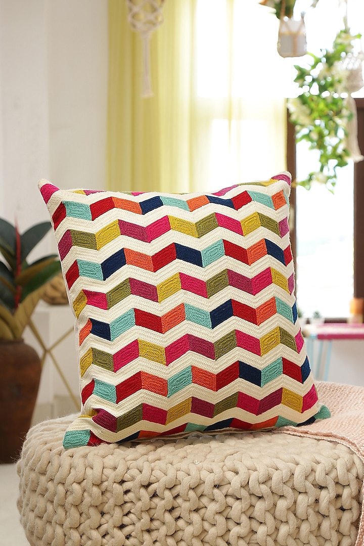 Multi-Coloured Cotton Embroidered Cushion Cover by Amoliconcepts