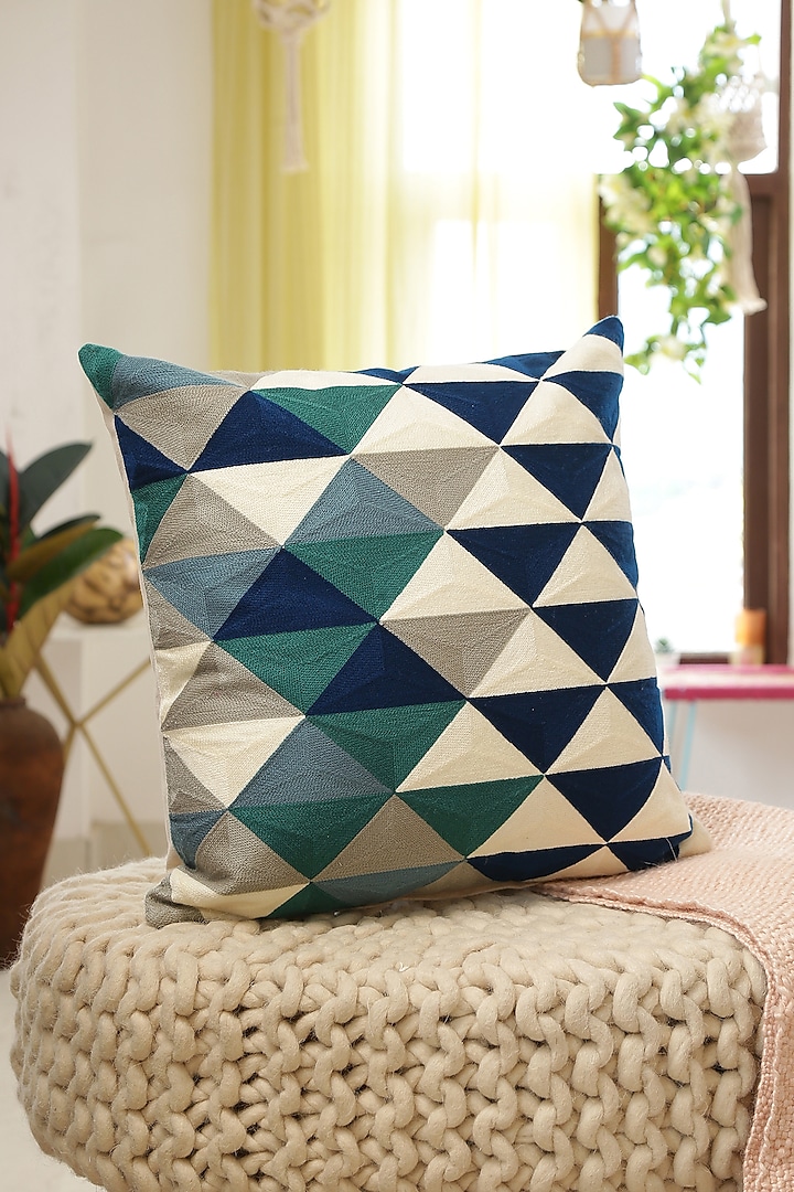 Multi-Coloured Cotton Embroidered Cushion Cover With Color Blocking by Amoliconcepts