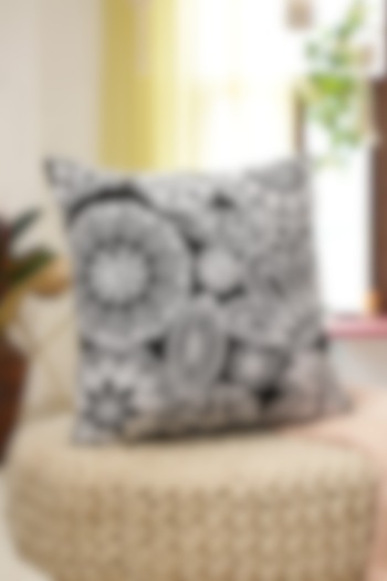 Black & White Viscose Velvet Embroidered Cushion Cover by Amoliconcepts