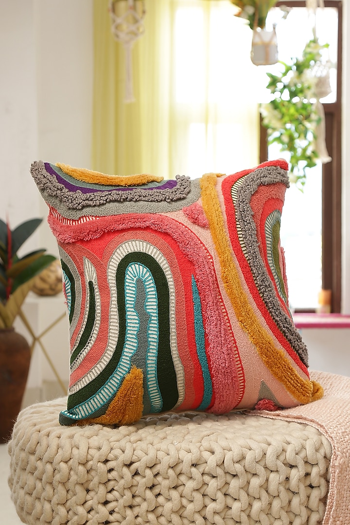 Multi-Coloured Cotton Tufted & Embroidered Cushion Cover by Amoliconcepts