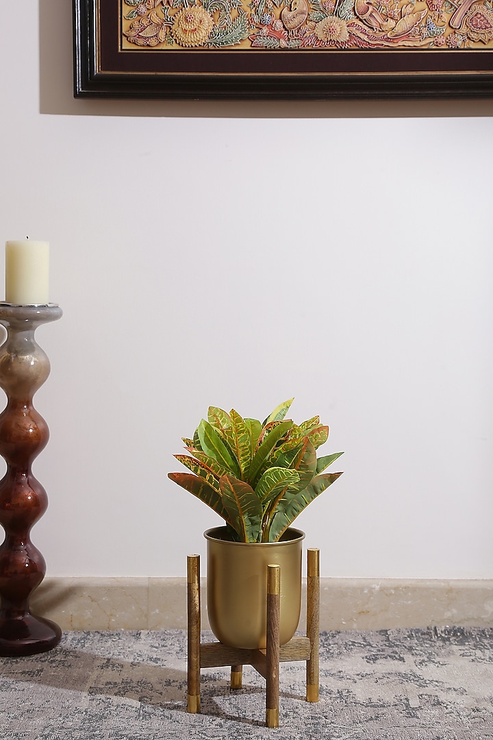 Matt Gold Planter With Wooden Stand by Amoliconcepts