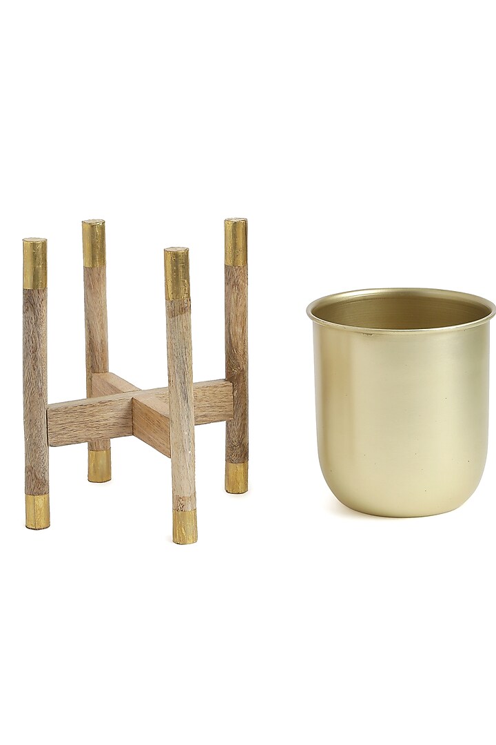 Matt Gold Planter With Wooden Stand by Amoliconcepts at Pernia's Pop Up Shop
