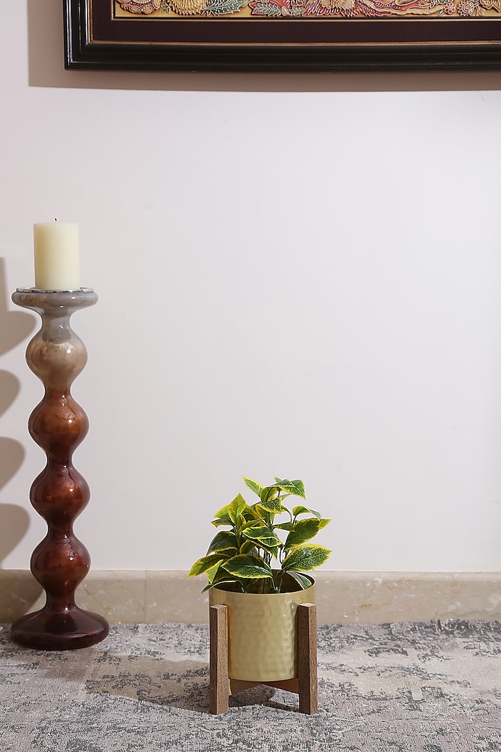 Matt Gold Planter With Wooden Stand by Amoliconcepts at Pernia's Pop Up Shop