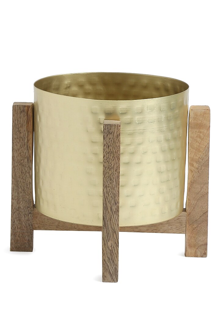 Matt Gold Planter With Wooden Stand by Amoliconcepts at Pernia's Pop Up Shop