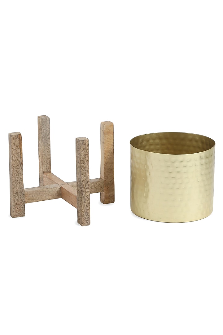 Matt Gold Planter With Wooden Stand by Amoliconcepts at Pernia's Pop Up Shop