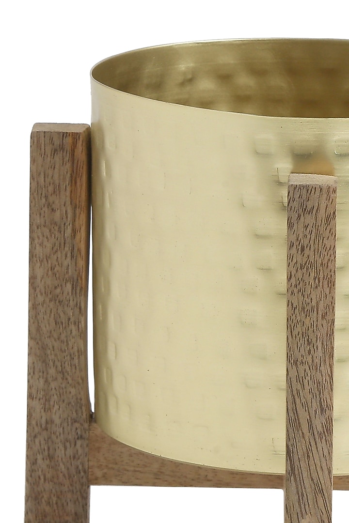Matt Gold Planter With Wooden Stand by Amoliconcepts at Pernia's Pop Up Shop