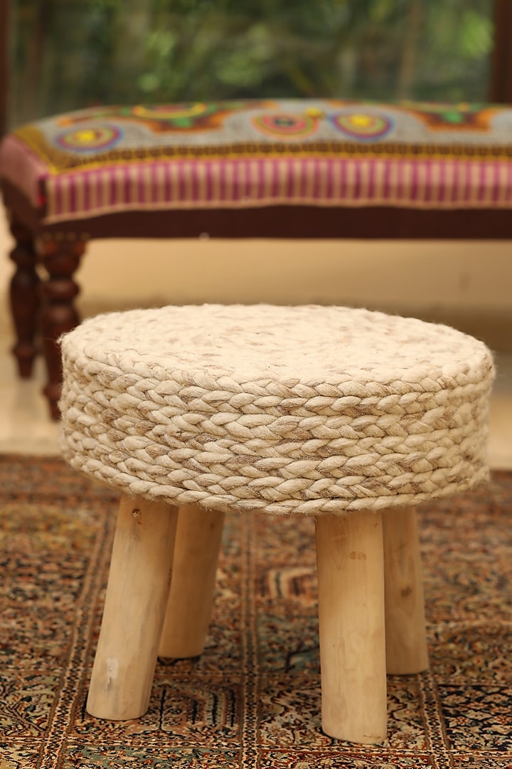 Beige Wool & Eucalyptus Wood Pouf by Amoliconcepts