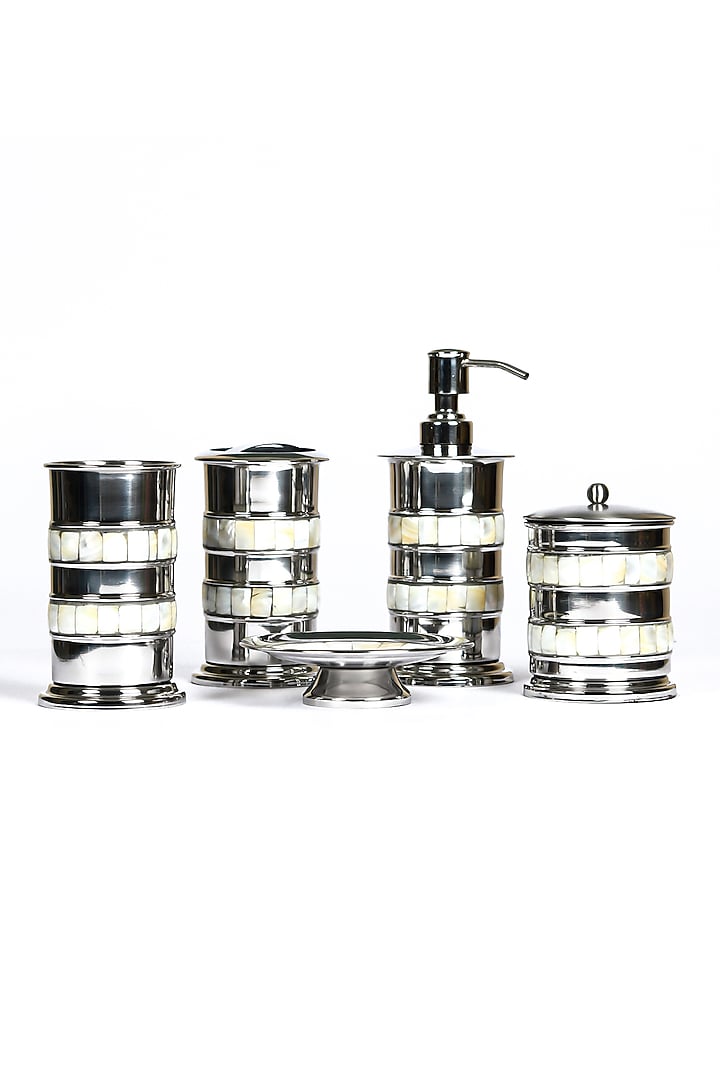 Silver & Ivory Stainless Steel Bath Accessories Set (Set of 5) by Amoliconcepts at Pernia's Pop Up Shop