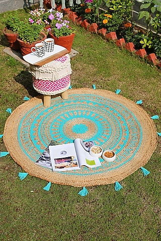 Aqua Green Jute Printed Rug by Amoliconcepts