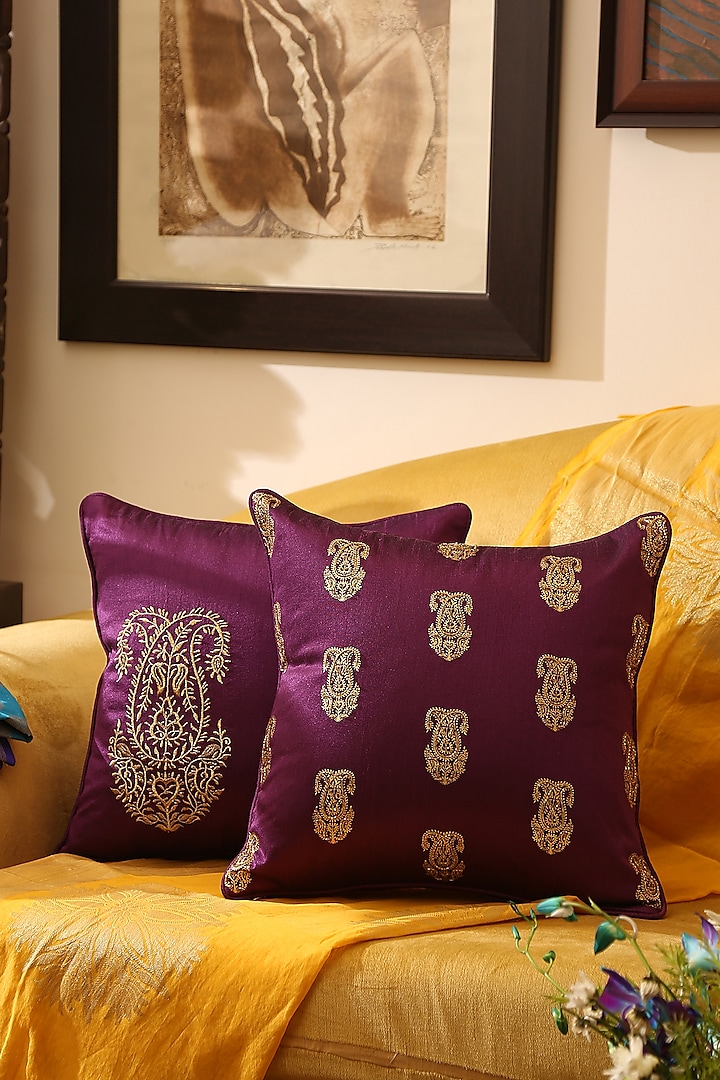 Deep Purple Polyester Printed & Embroidered Cushion Covers (Set of 2) by Amoliconcepts
