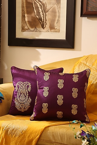 Deep Purple Polyester Printed & Embroidered Cushion Covers (Set of 2) by Amoliconcepts