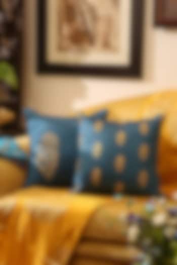 Blue Polyester Printed & Embroidered Cushion Covers (Set of 2) by Amoliconcepts at Pernia's Pop Up Shop