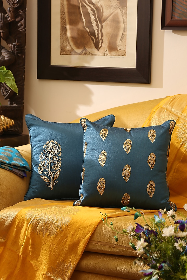 Blue Polyester Printed & Embroidered Cushion Covers (Set of 2) by Amoliconcepts at Pernia's Pop Up Shop