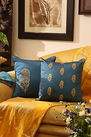 Blue Polyester Printed & Embroidered Cushion Covers (Set of 2) by Amoliconcepts