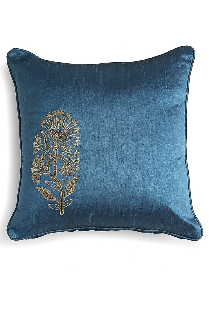 Blue Polyester Printed & Embroidered Cushion Covers (Set of 2) by Amoliconcepts at Pernia's Pop Up Shop