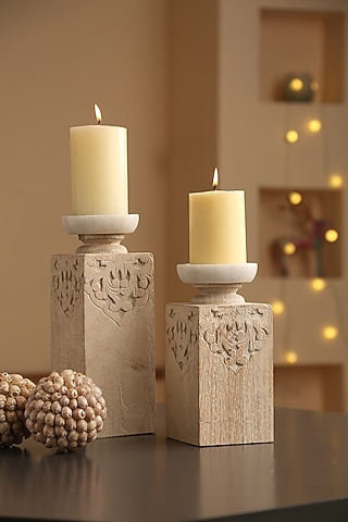 White Marble Handcarved Candle Holders (Set of 2) by Amoliconcepts
