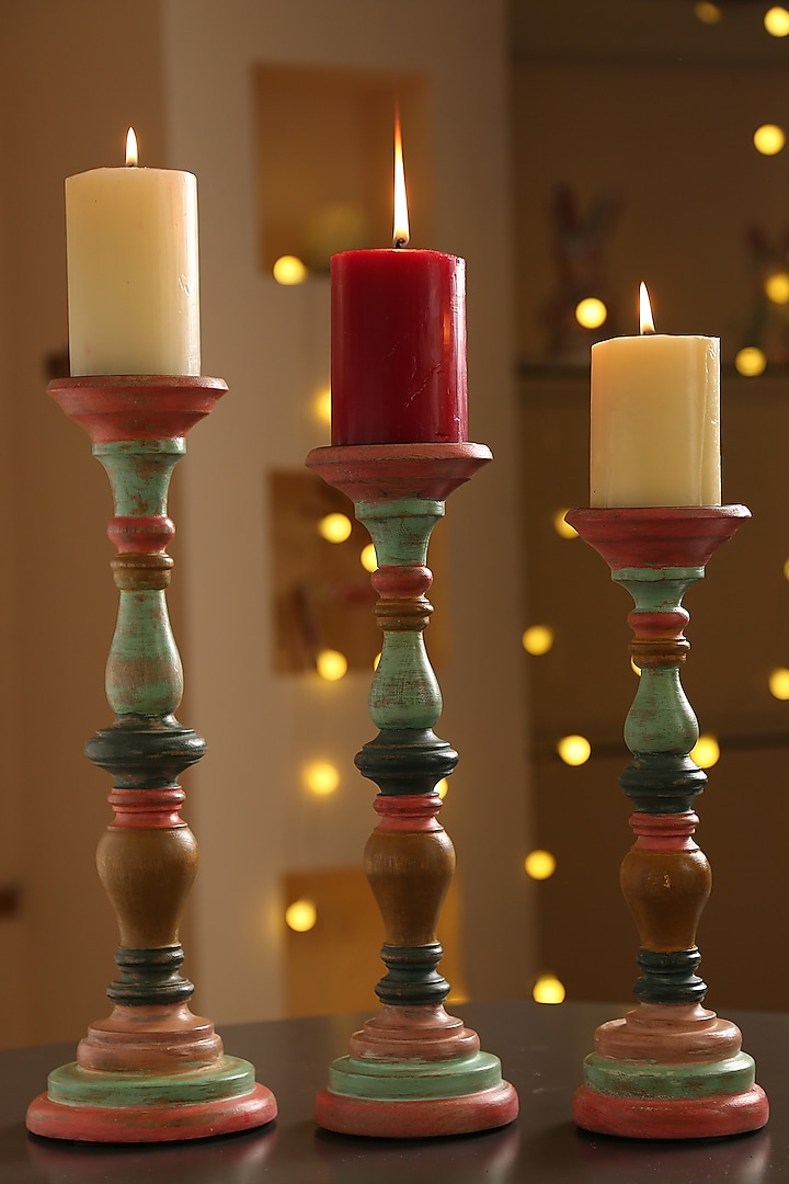 Multi-Colored Wooden Handcrafted Candle Holders (Set of 3) by Amoliconcepts