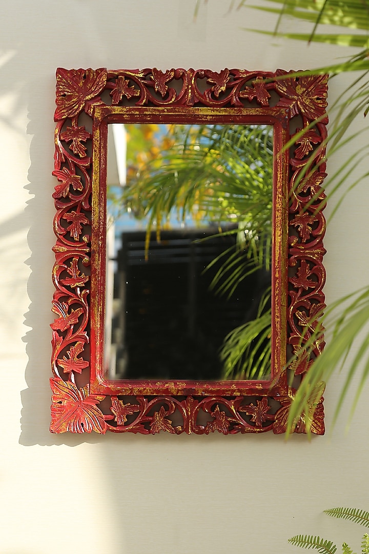 Red & Gold MDF Handcrafted Mirror by Amoliconcepts