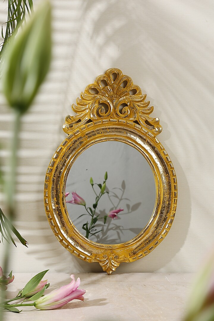 Yellow & Gold MDF Decorative Wall Mirror by Amoliconcepts