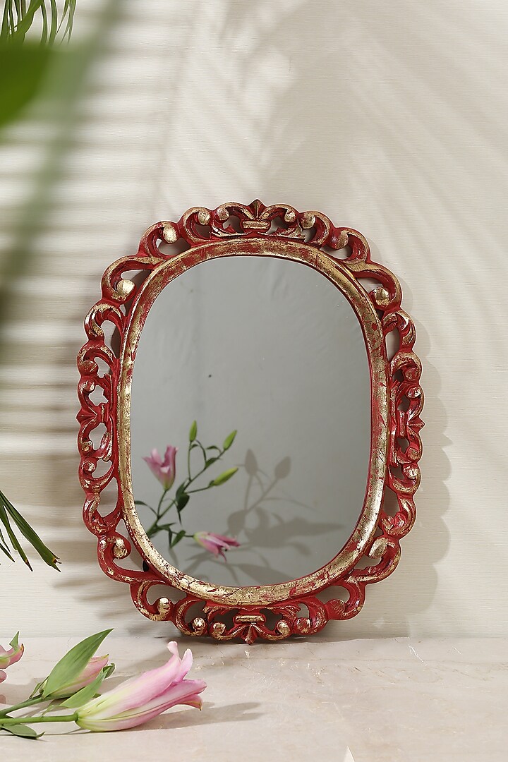 Red & Gold MDF Decorative Wall Mirror by Amoliconcepts