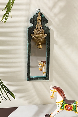 Green & Antique Gold Handcrafted Mango Wood Mirror by Amoliconcepts