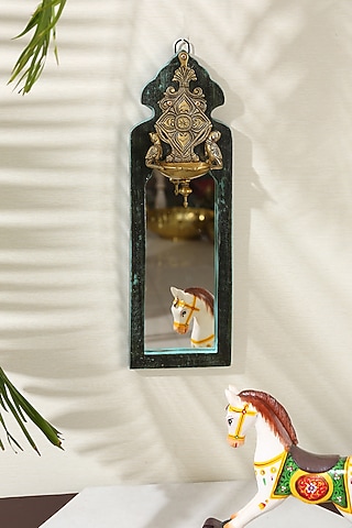 Green & Antique Gold Handcrafted Mango Wood Mirror by Amoliconcepts