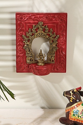 Coral Red & Antique Gold Mango Wood Rustic Mirror by Amoliconcepts